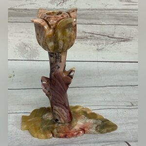 Vintage Alabaster Marble Candle Holder Leaf & Tulip Design Hand Carved